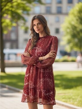 NWT Red Paisley PrintLong-Sleeve Tiered Dress